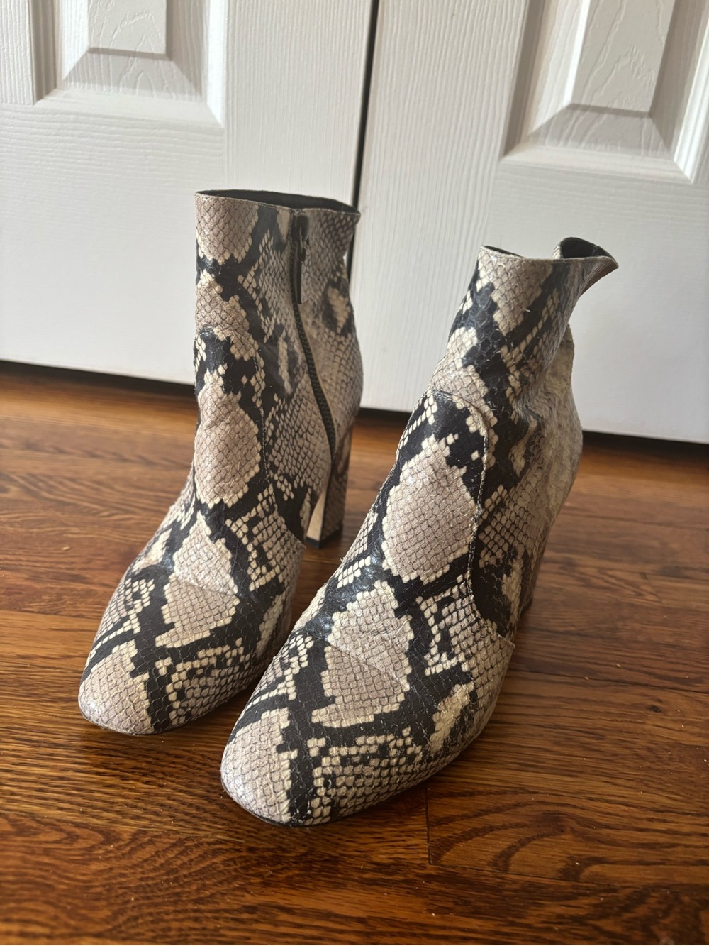 Stuart Weitzman Beige and Black Snake-Print Ankle Boots